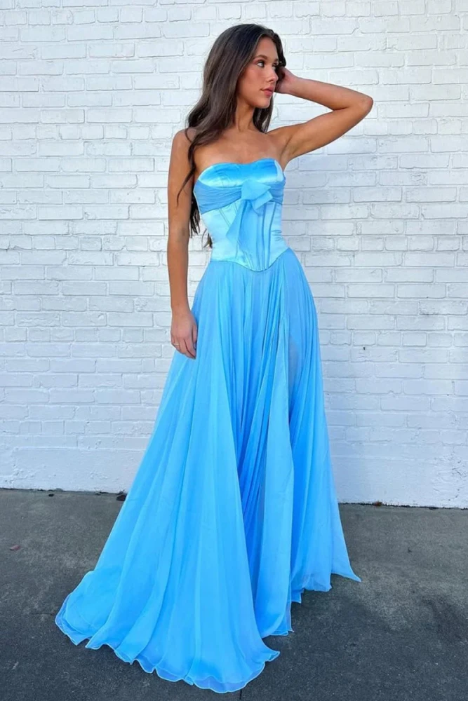 Ivelisse | Blue - A Line Strapless Pleated Chiffon Long Prom Dress with Bow