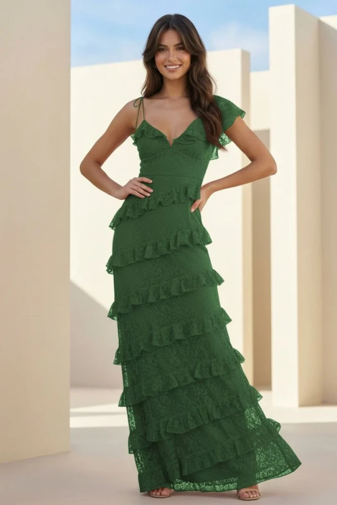 Iverie | Red Sheath V Neck Lace Long Prom Dresses With Ruffles