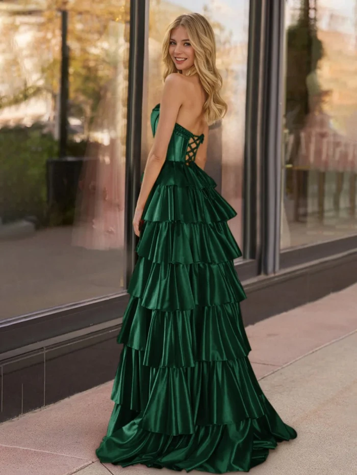 Indiana | Yellow Strapless Satin Ruffle Tiered Beaded A Line Prom Dresses