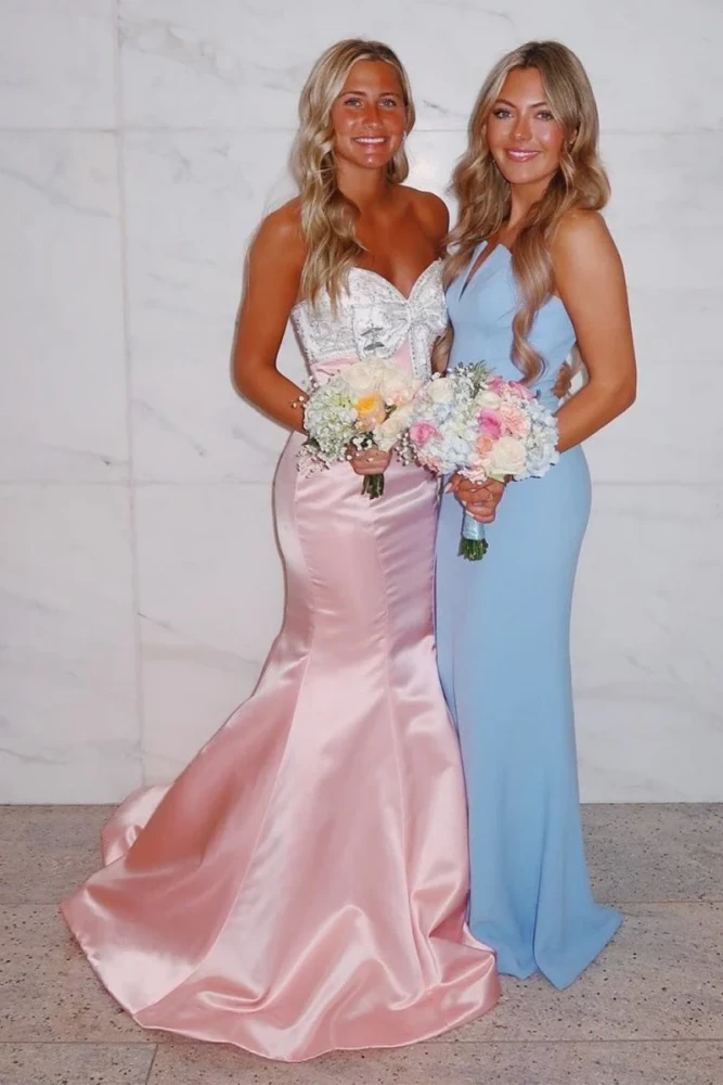 Gwenny | Pink - Mermaid Satin Strapless Long Prom Dresses with Beaded Bow