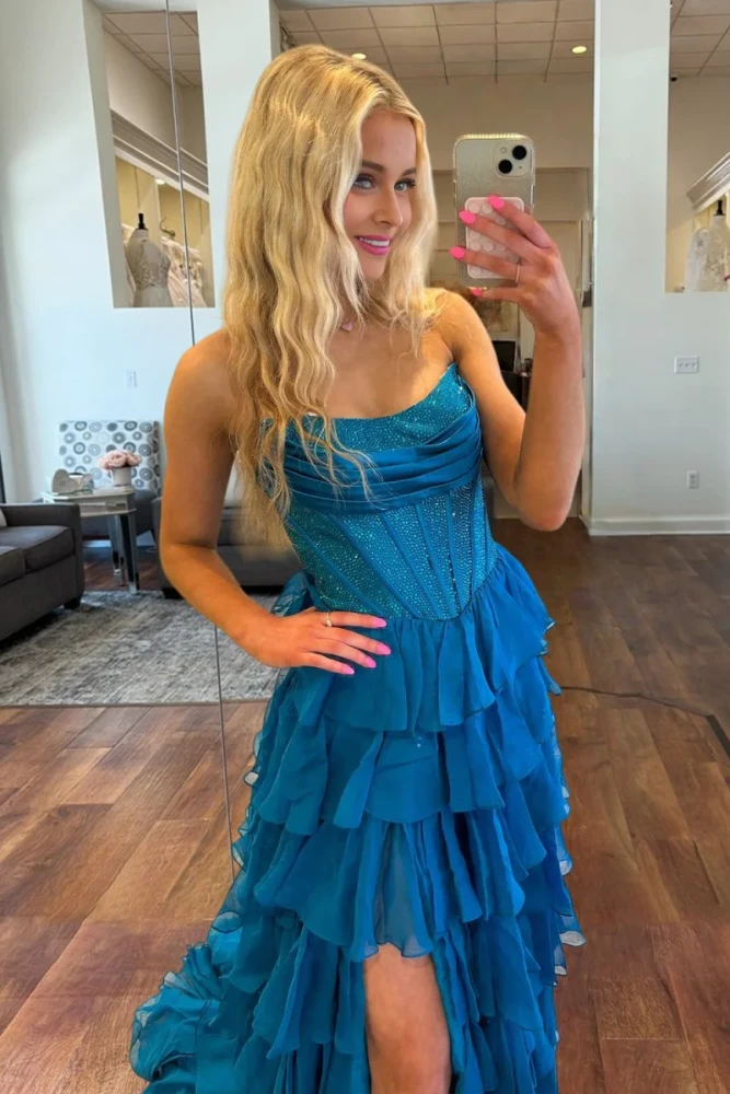 Hanya | Peacock - A Line Strapless Chiffon Beaded Corset Long Prom Dress With Slit