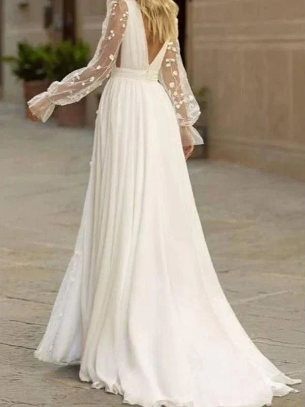 Herneith | Long Sleeve Boho Flowy Wedding Dress Lace A-Line V-Neck Beach Gown with Split Front and Sweep Train