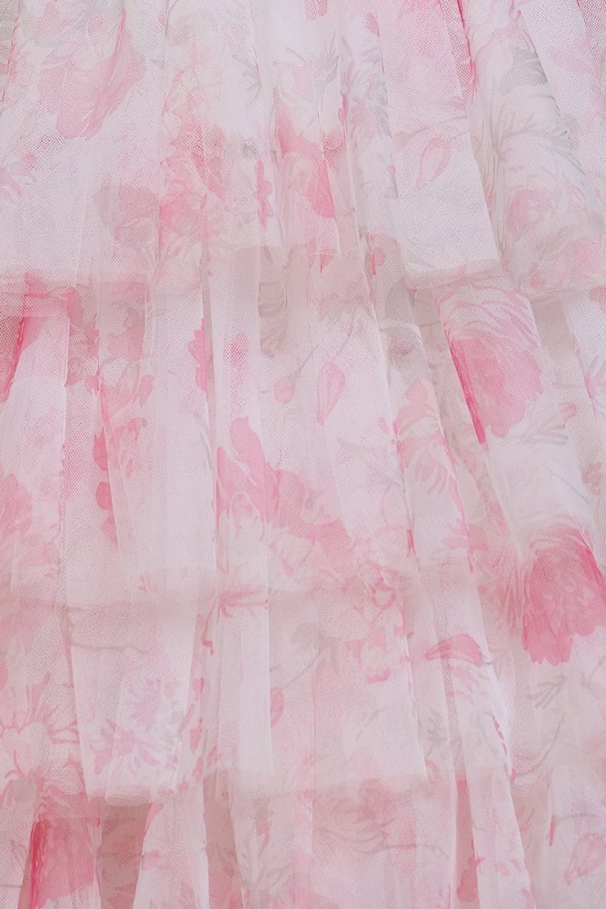 Inari | Pink – A Line Floral Tulle Halter Long Prom Dress with Ruffles and Beading