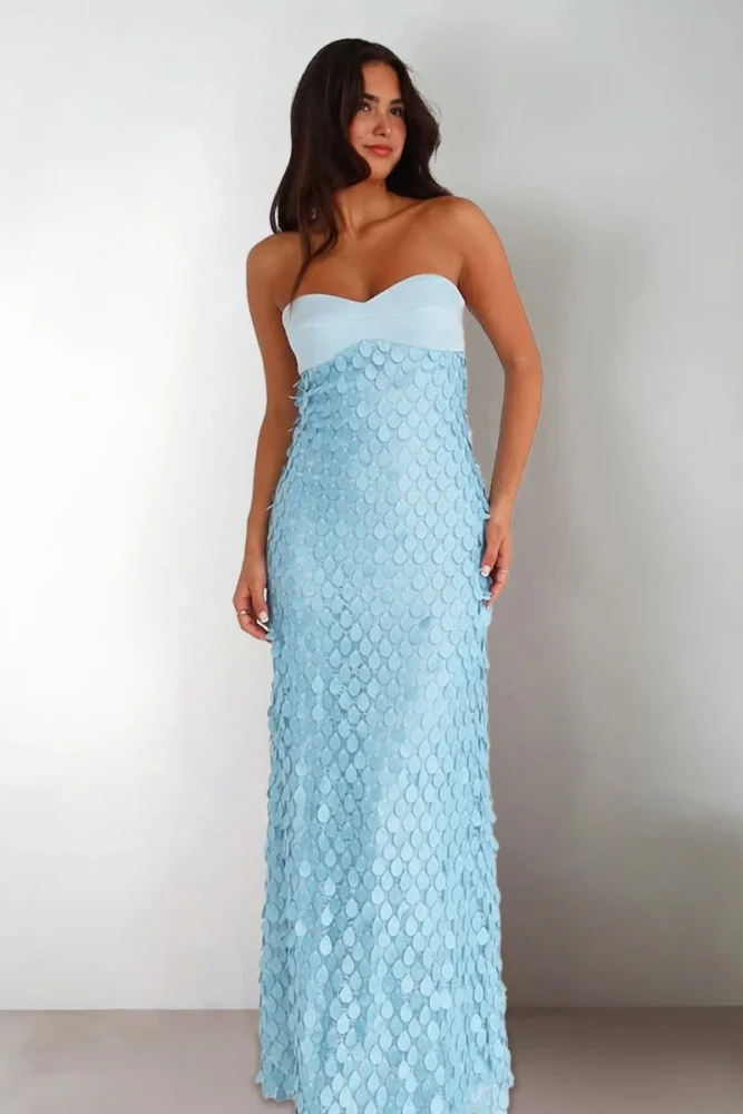 Islen | Blue - Sheath Strapless Long Prom Dresses with Sequins