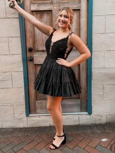 Heliodor | Black - V Neck Satin A Line Ruffles Homecoming Dresses With Appliques
