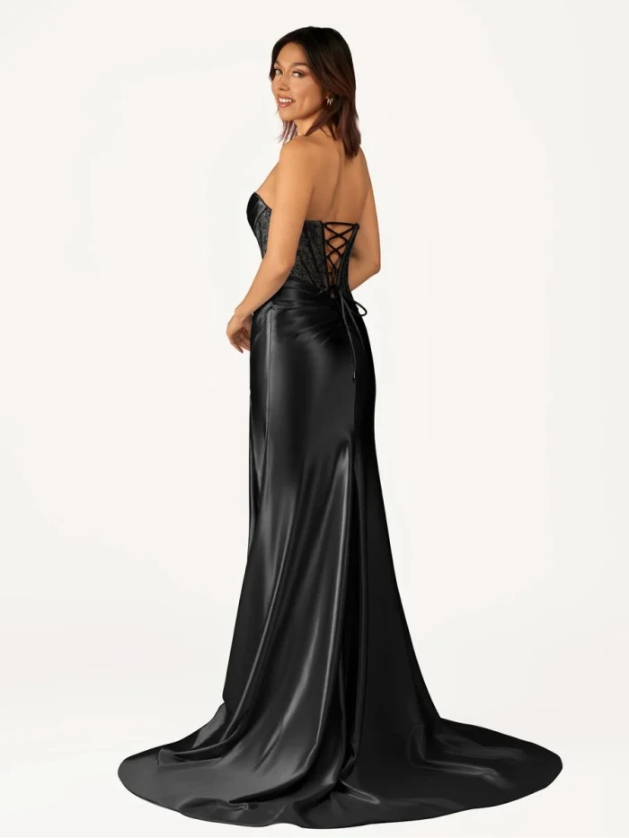 Idra | Emerald Green Beaded Strapless Applique Formal Dress with Slit