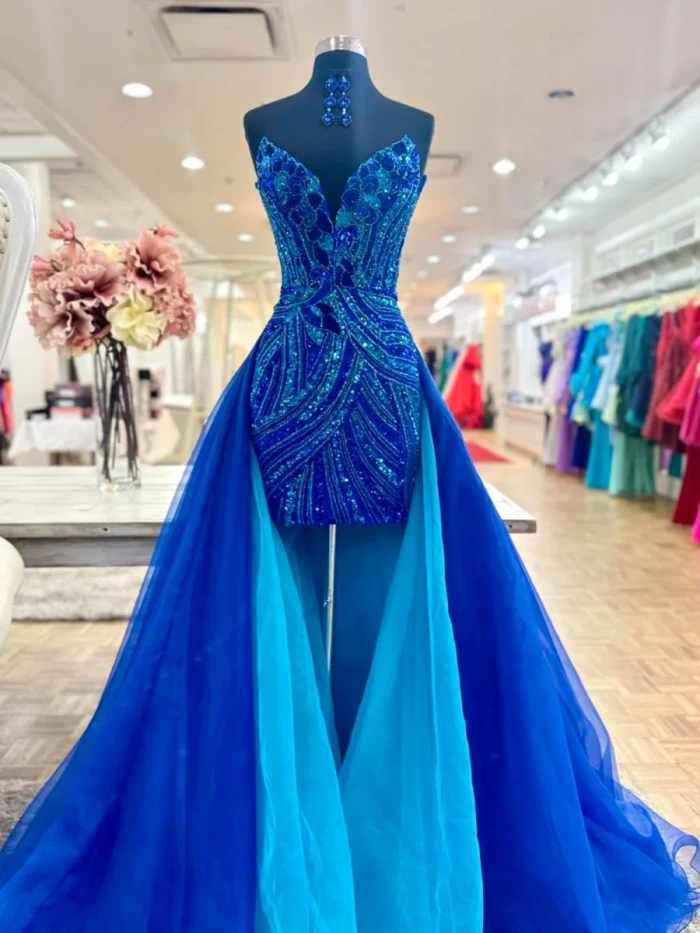 Ines | Royal Blue - Sheath V Neck Sequined Mini Party Dresses with Train