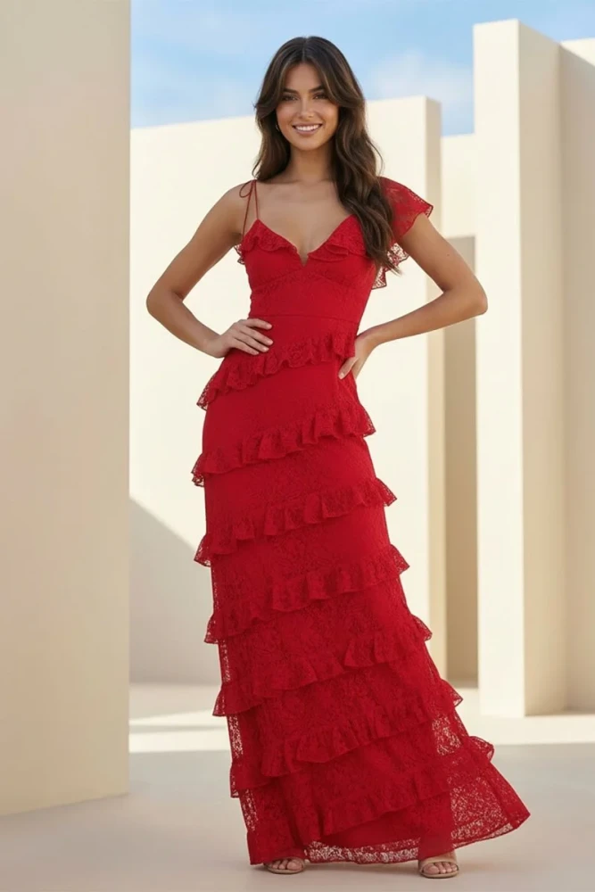 Iverie | Red Sheath V Neck Lace Long Prom Dresses With Ruffles