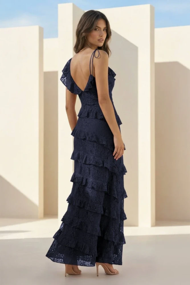 Iverie | Red Sheath V Neck Lace Long Prom Dresses With Ruffles