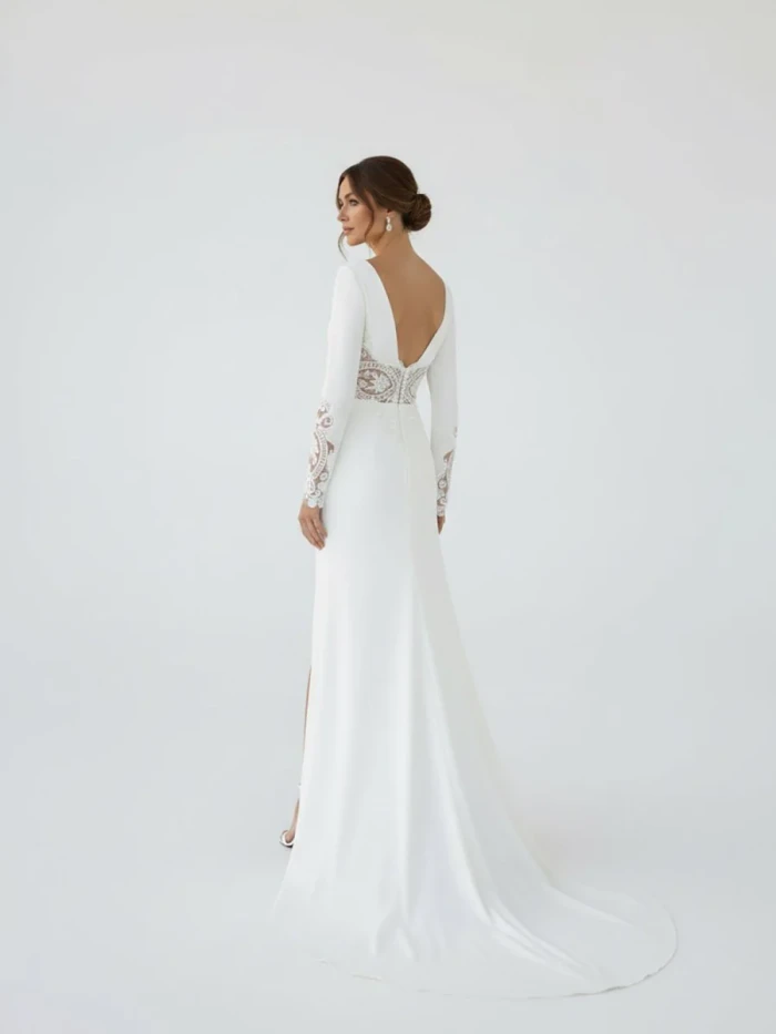 Hollynn | Casual V-neck mermaid Sweep Train Long Sleeve Wedding Dress With Slit