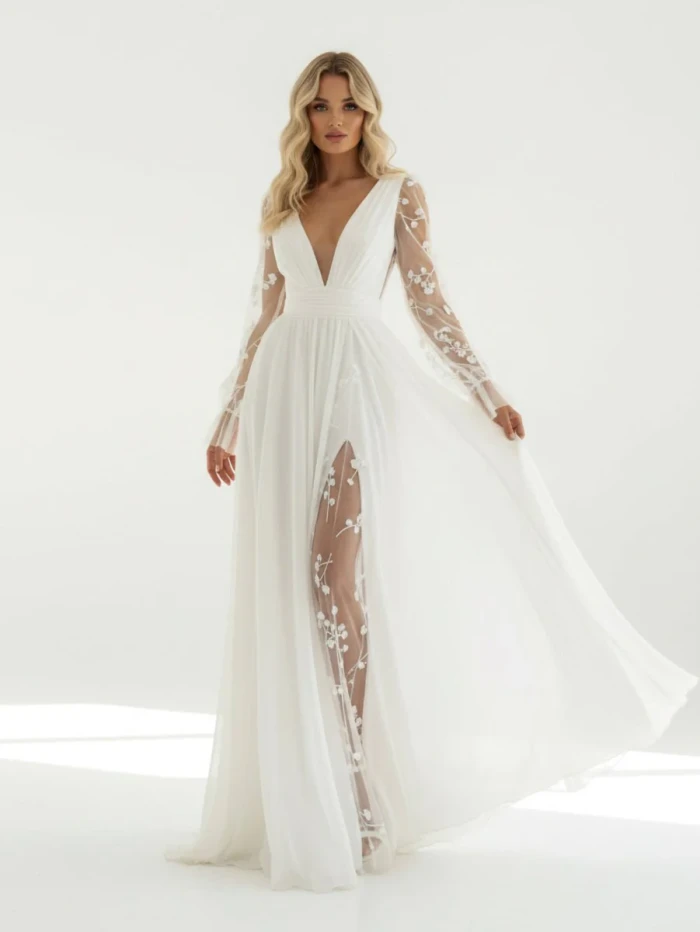 Herneith | Long Sleeve Boho Flowy Wedding Dress Lace A-Line V-Neck Beach Gown with Split Front and Sweep Train