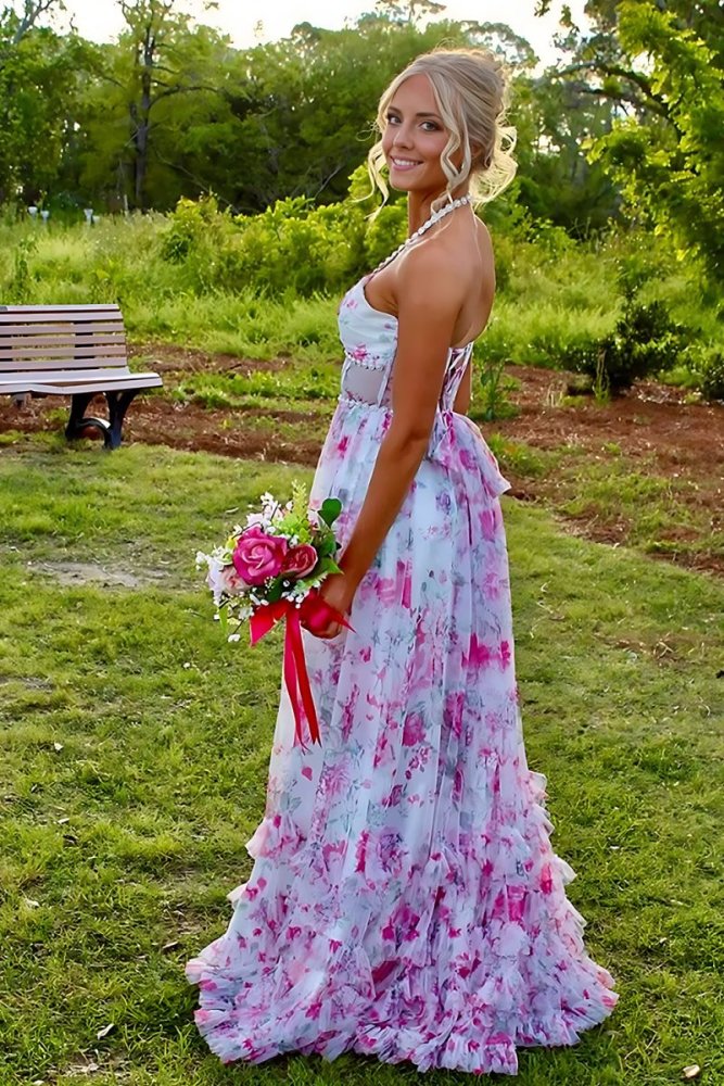 Heraldine | Pink - Halter A Line Floral Chiffon Ruffled Formal Prom Dresses With Beading