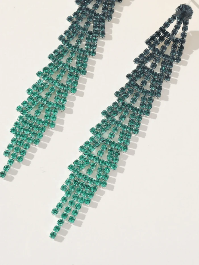 Green Gradient Rhinestones Tassel Long Chain Earrings