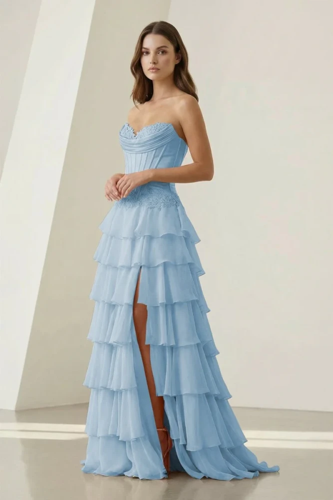 Jaleira | Pink - Sweetheart Chiffon Ruffled A Line Formal Prom Dresses With Appliques