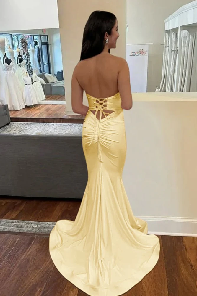 Isalyn | Yellow - Strapless Mermaid Satin Long Prom Dresses With Cutout