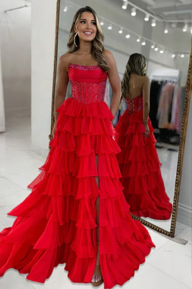 Hanya | Red - A Line Strapless Chiffon Beaded Corset Long Prom Dress With Slit