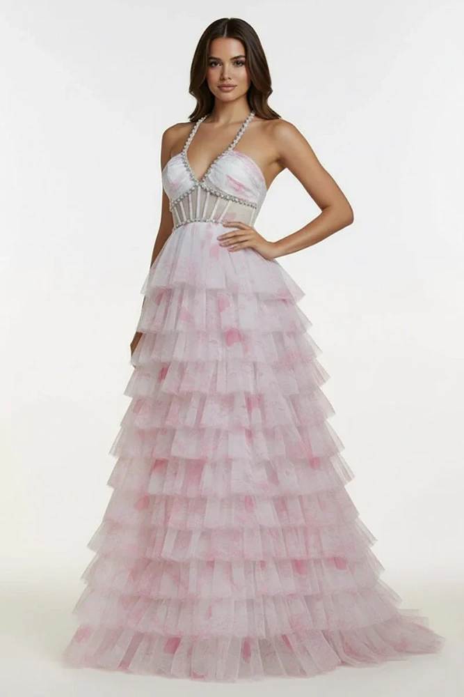 Inari | Pink – A Line Floral Tulle Halter Long Prom Dress with Ruffles and Beading