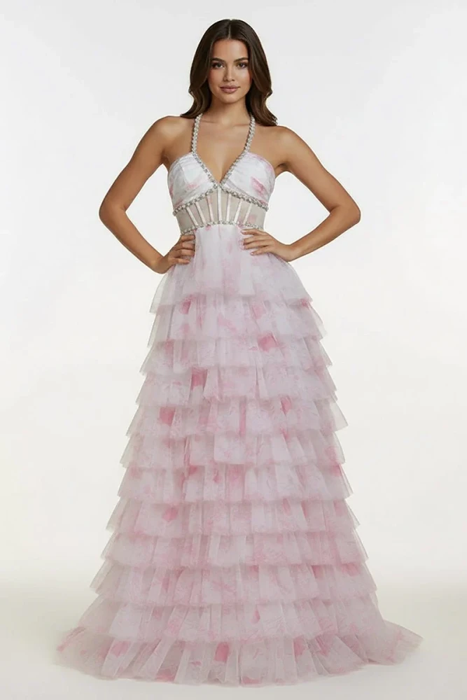 Inari | Pink – A Line Floral Tulle Halter Long Prom Dress with Ruffles and Beading
