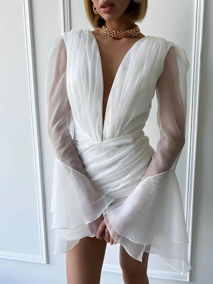 Herne | Sheath V-Neck Long Sleeves Short Mini Tulle Little White Wedding Dresses