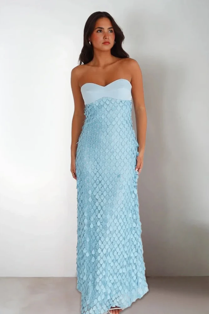 Islen | Blue - Sheath Strapless Long Prom Dresses with Sequins
