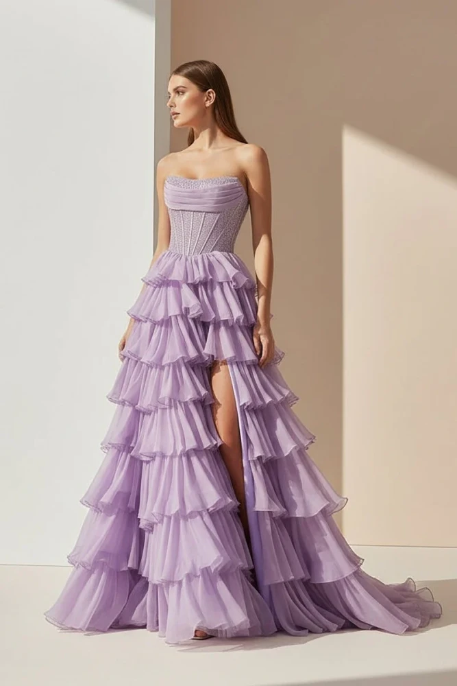 Hanya | Lavender - A Line Strapless Chiffon Beaded Corset Long Prom Dress With Slit