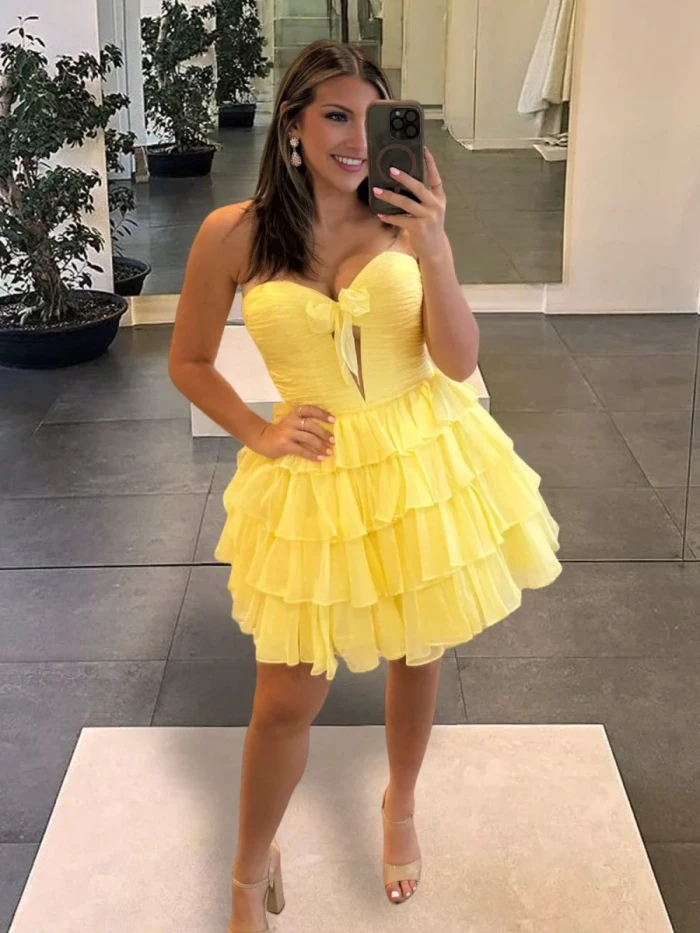 Ilsa | Yellow - Strapless A Line Chiffon Ruffled Cocktail Dresses With Bow