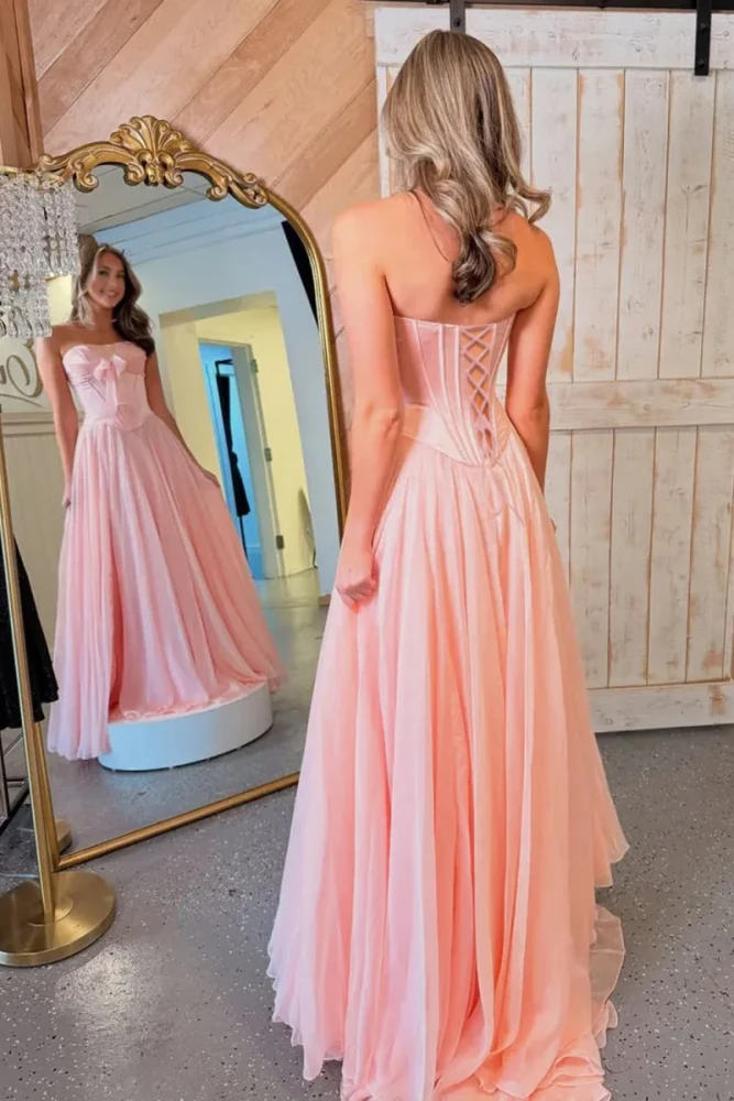 Ivelisse | Pink - A Line Strapless Pleated Chiffon Long Prom Dress with Bow