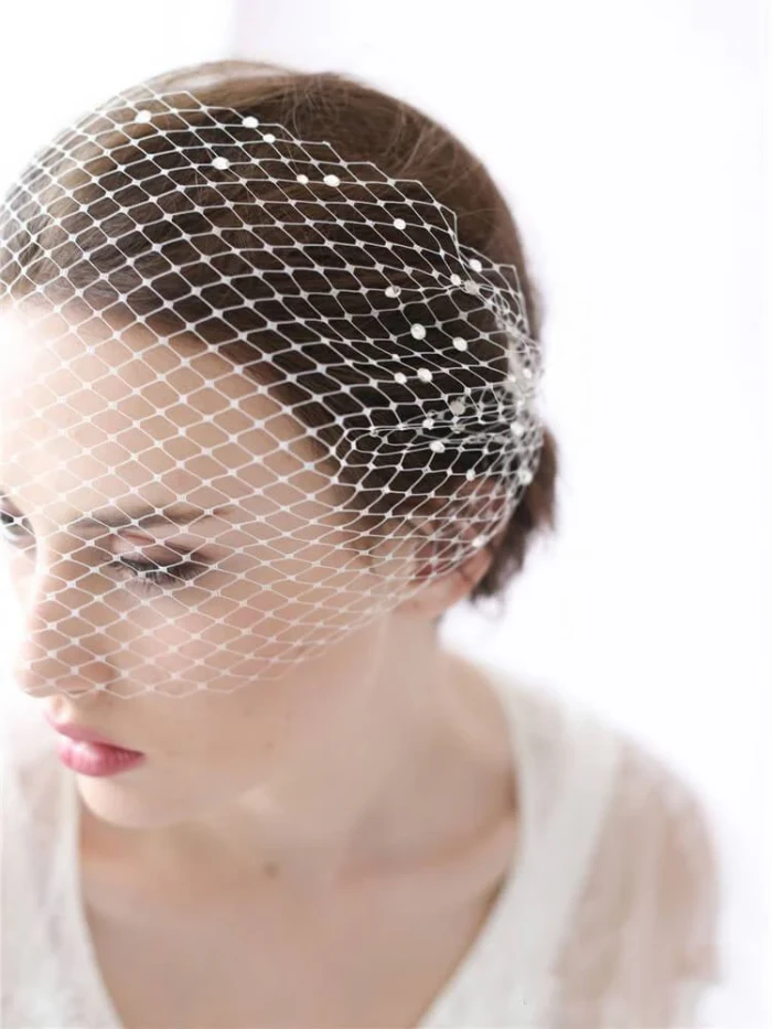 Ivory Mesh Birdcage Veils with Tiny Beads
