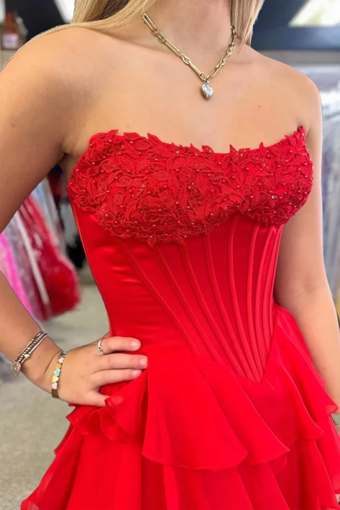 Haliah | Pink - Strapless A Line Chiffon Tiered Prom Dresses With Appliques