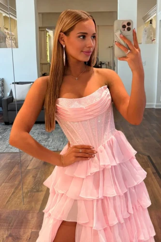 Hanya | Pink - A Line Strapless Chiffon Beaded Corset Long Prom Dress With Slit