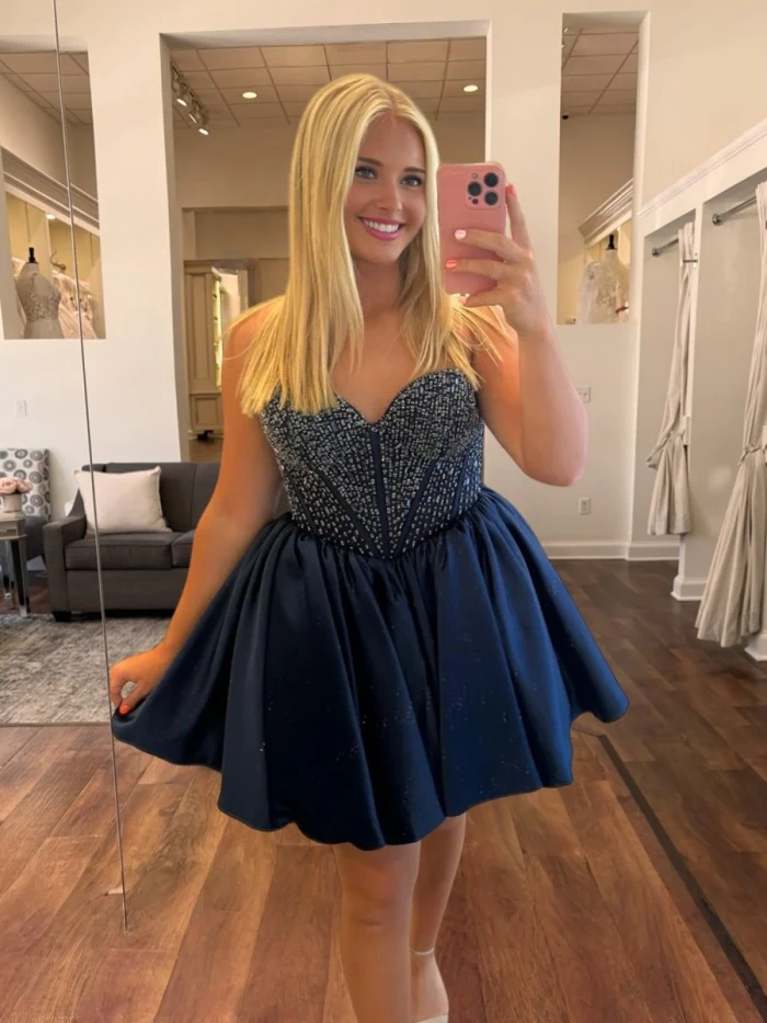 Hira | Navy Blue - Strapless Satin A Line Short Homecoming Dresses With Beading