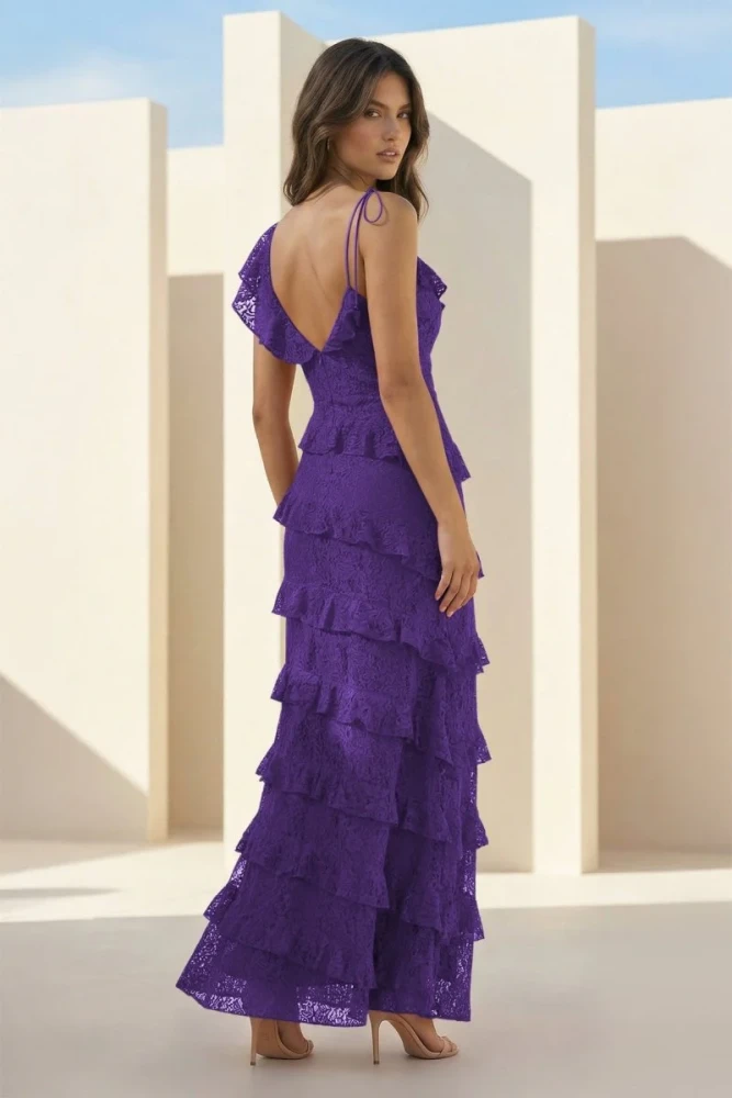 Iverie | Red Sheath V Neck Lace Long Prom Dresses With Ruffles