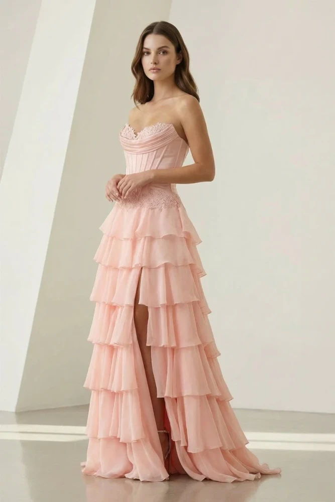 Jaleira | Pink - Sweetheart Chiffon Ruffled A Line Formal Prom Dresses With Appliques