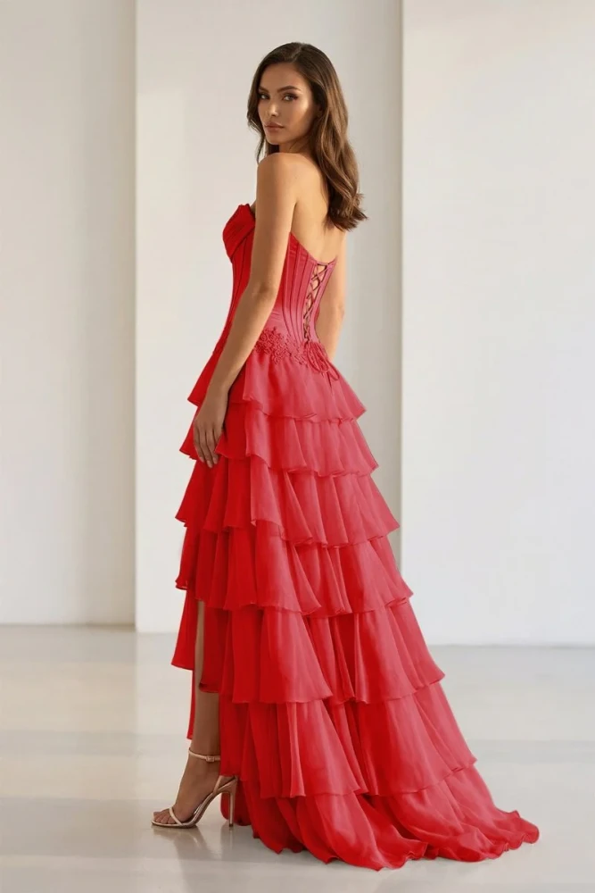 Jaleira | Pink - Sweetheart Chiffon Ruffled A Line Formal Prom Dresses With Appliques