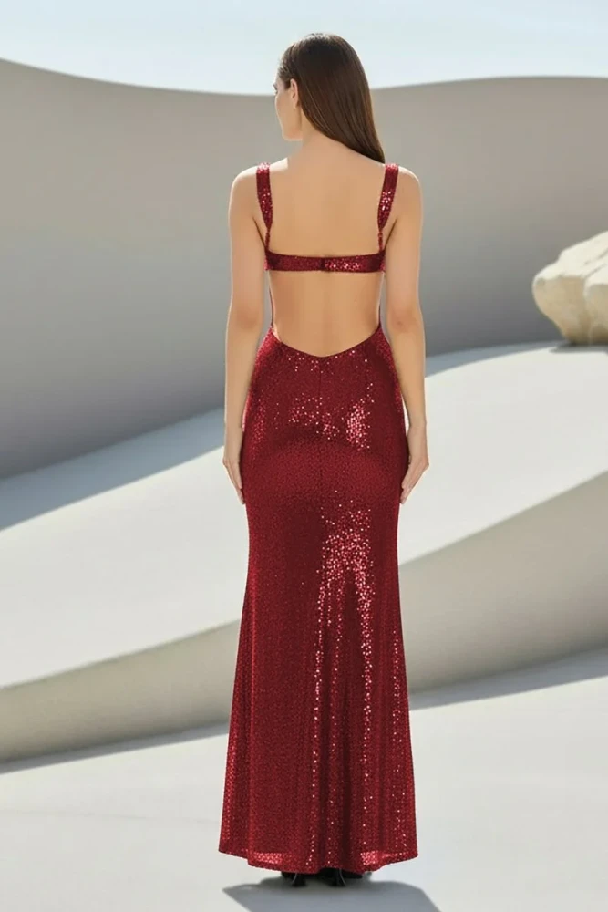 Inoria | Dark Green - Scoop Neck Mermaid Sequins Long Prom Dresses With Cutout