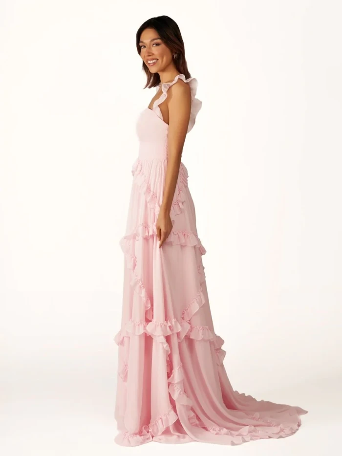 Hubery | A-Line Straps Sky Blue Chiffon Ruffles Long Prom Dress
