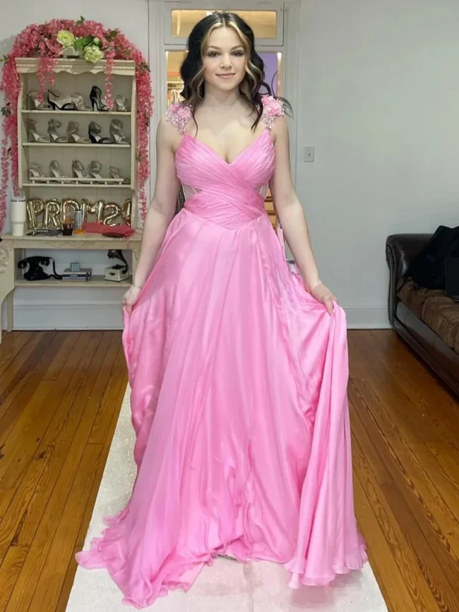 Iona | Pink Pleated Chiffon A-line Long Prom Dress