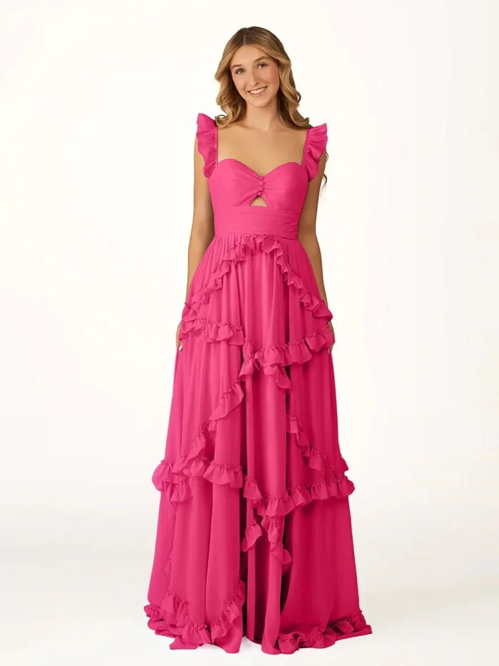 Hubery | A-Line Straps Sky Blue Chiffon Ruffles Long Prom Dress