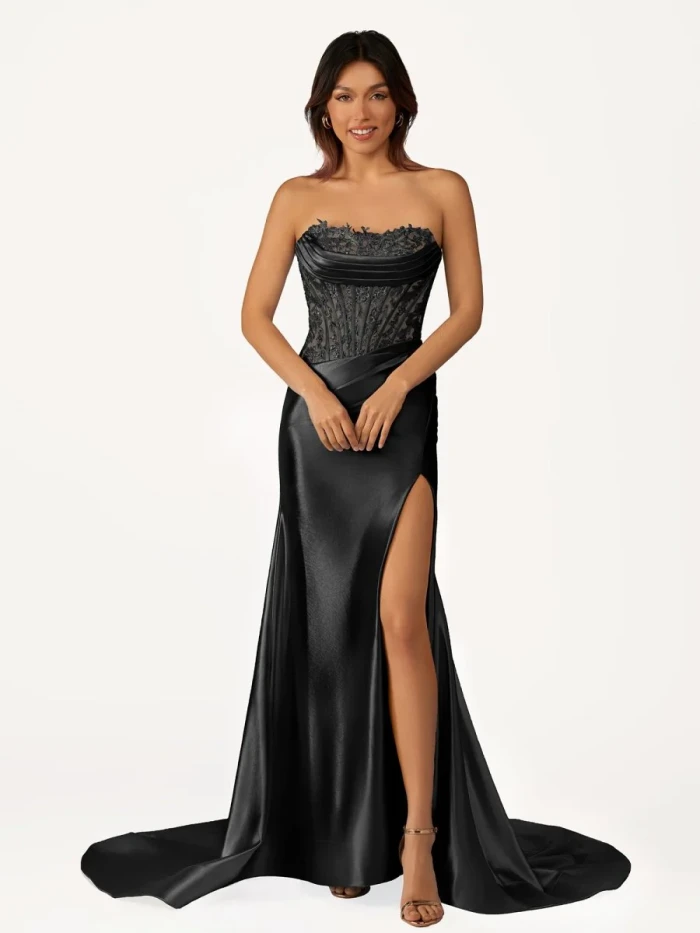 Idra | Emerald Green Beaded Strapless Applique Formal Dress with Slit