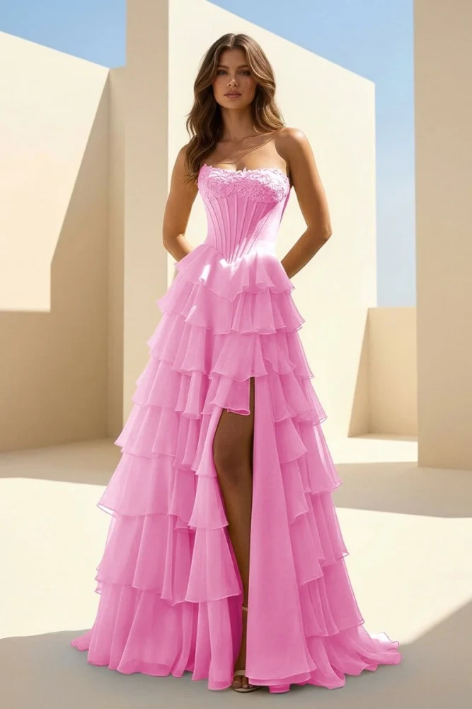 Haliah | Pink - Strapless A Line Chiffon Tiered Prom Dresses With Appliques