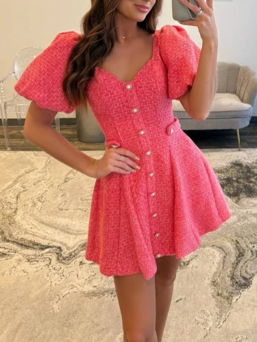 Idony |  Coral - A Line V Neck Textured Tweed Homecoming Dresses with Puffed Sleeves
