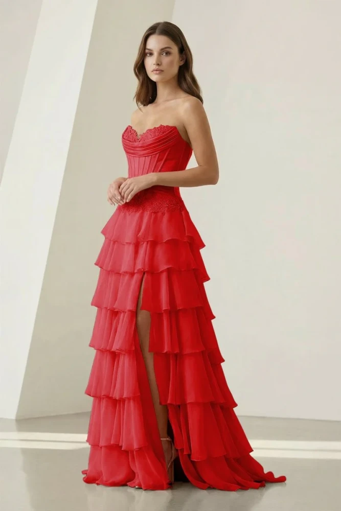 Jaleira | Pink - Sweetheart Chiffon Ruffled A Line Formal Prom Dresses With Appliques