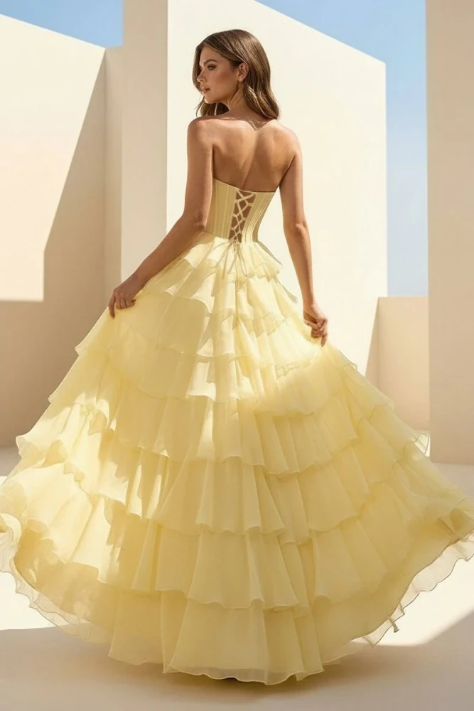 Haliah | Pink - Strapless A Line Chiffon Tiered Prom Dresses With Appliques