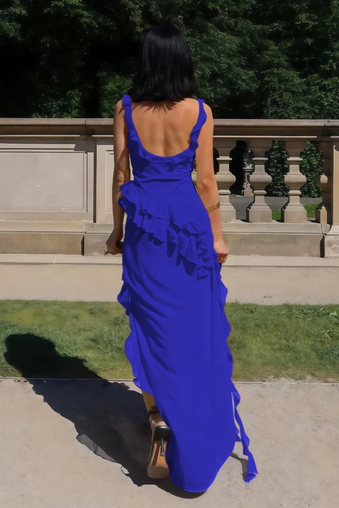 Hopkins | Red - Square Neck Sheath Satin Ruffled Prom Dresses With Slit