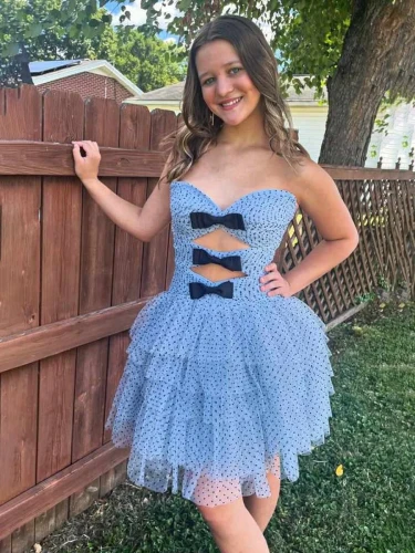 Haviah |  Dusty Blue - A Line Strapless Dot Tulle Ruffle Homecoming Dresses With Bow