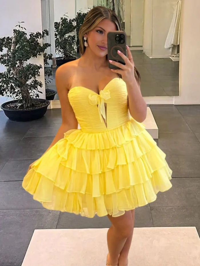 Ilsa | Yellow - Strapless A Line Chiffon Ruffled Cocktail Dresses With Bow
