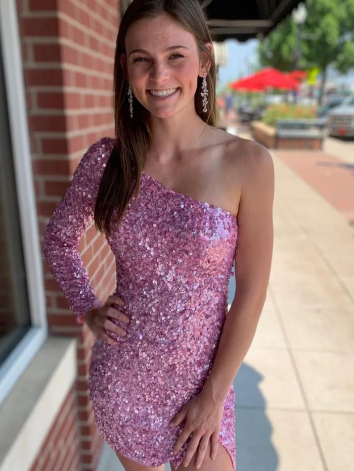 Gwendolyn | Black Bodycon One-Shoulder Sequins Mini Party Dresses