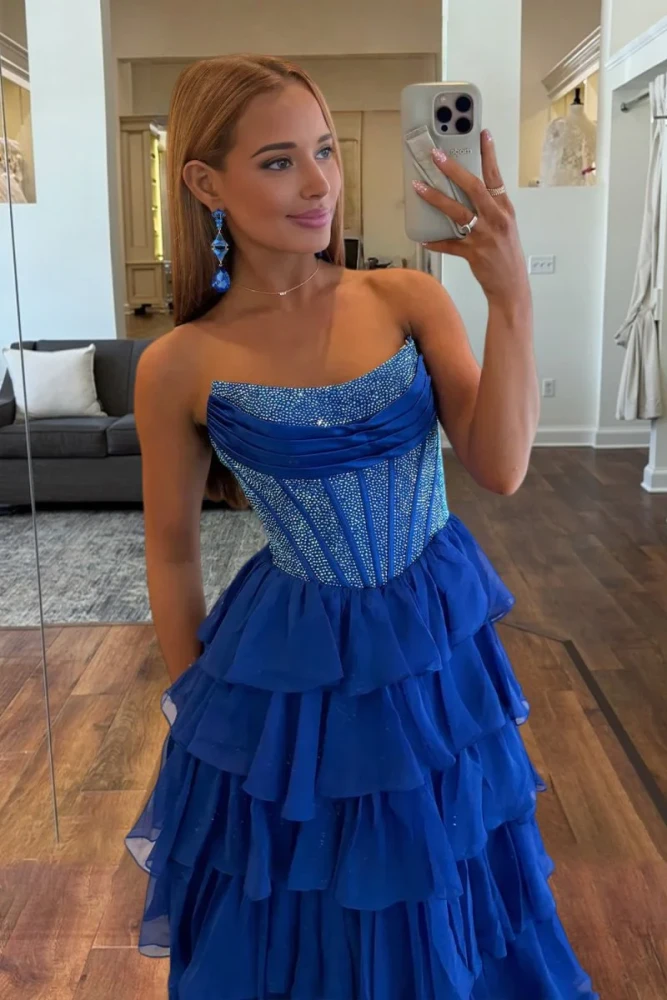 Hanya | Royal Blue - A Line Strapless Chiffon Beaded Corset Long Prom Dress With Slit