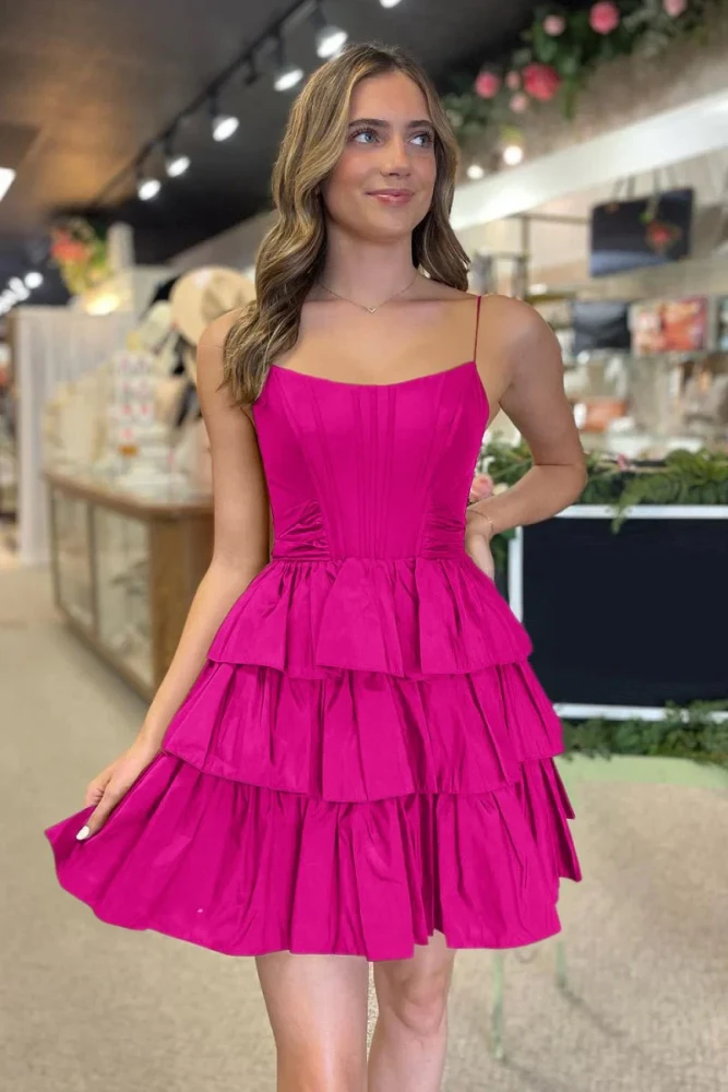 Ivilia | Black Spaghetti Straps Satin A-Line Ruffled Short Corset Homecoming Dress with Bow