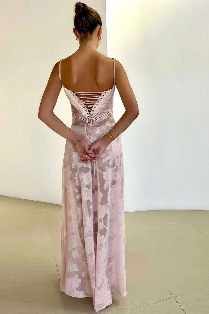 Imre | Pink - Sheath Satin Floral Spaghetti Straps Long Prom Dresses